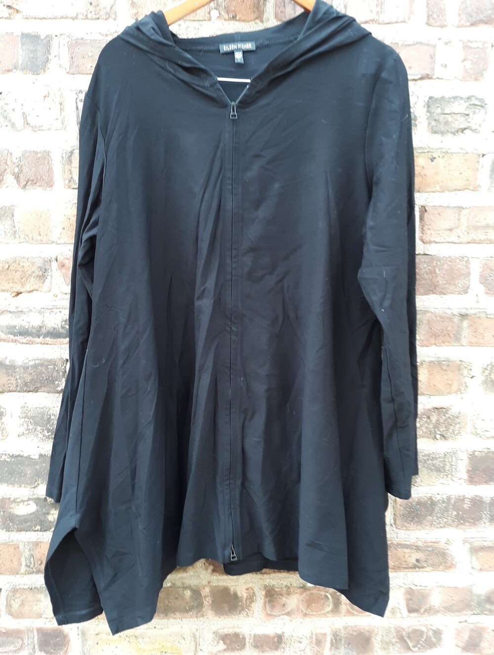 Eileen Fisher Viscose Stretch Knit Full Zip Hoodie Jacket Cardigan Slits Black L